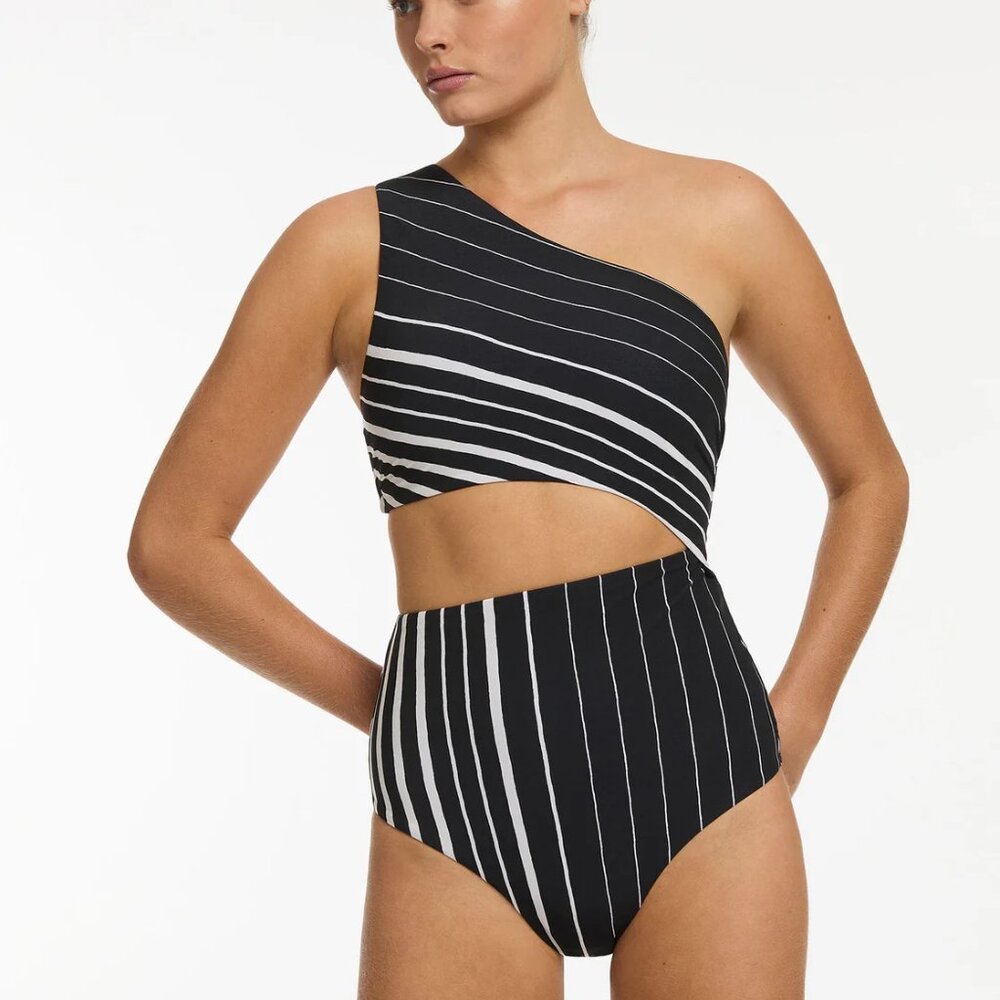 NWT XS Jets Seafolly Anthropologie Lunar Stripe One Shoulder Bathing Suit